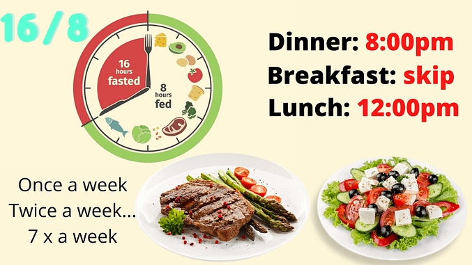 Simple Intermittent Fasting: intermittent fasting 16/8, meaning that you fast for 16 hours and your eating window is 8 hours.